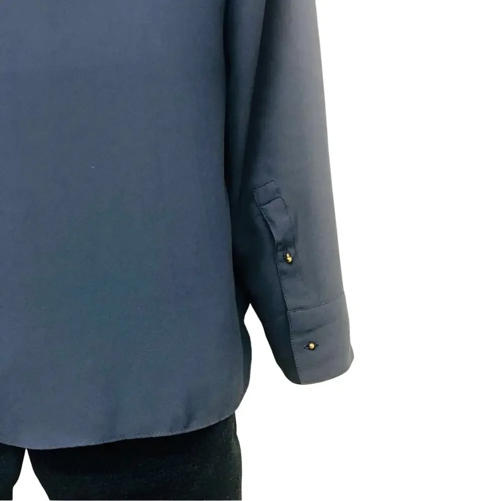 Express Blue Two Front Zip Pockets V Neck Breezy Popover Blouse Roll Tab Sleeve